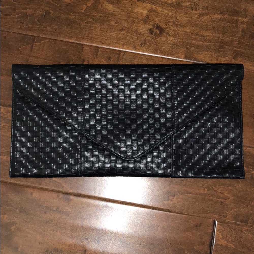 Black envelope faux leather woven clutch